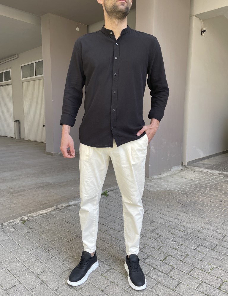 Ανδρικό λινό μαύρο πουκάμισο με μάο γιακά 9663M φωτογραφία